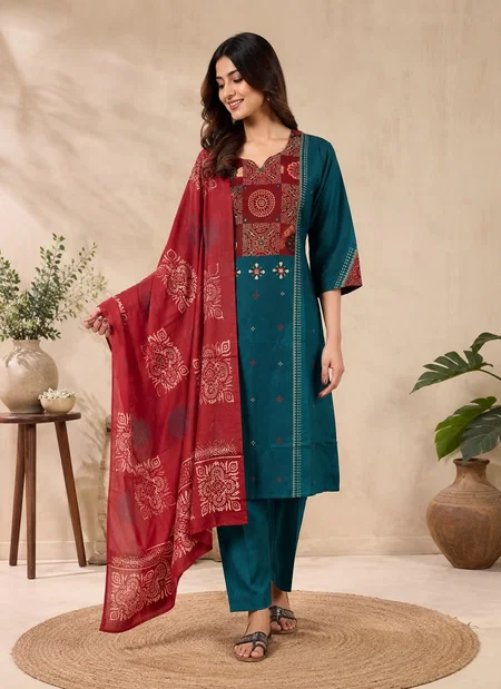 K 1187 by Naisha Dhabu Cotton Mirror Hand Work Kurti With Bottom Dupatta